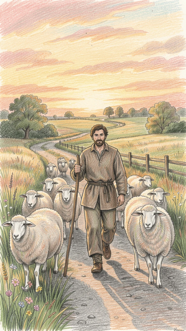 A shepherd walking his flock home at sunset along a country lane, bathed in the warm glow of golden-hour light, celebrating a moment people would love to revisit.