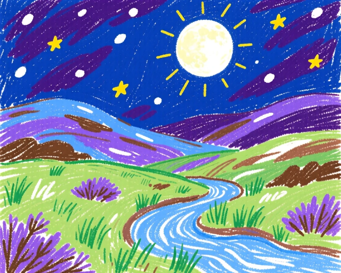 A view of a highland moor illuminated by a full moon on a clear night.