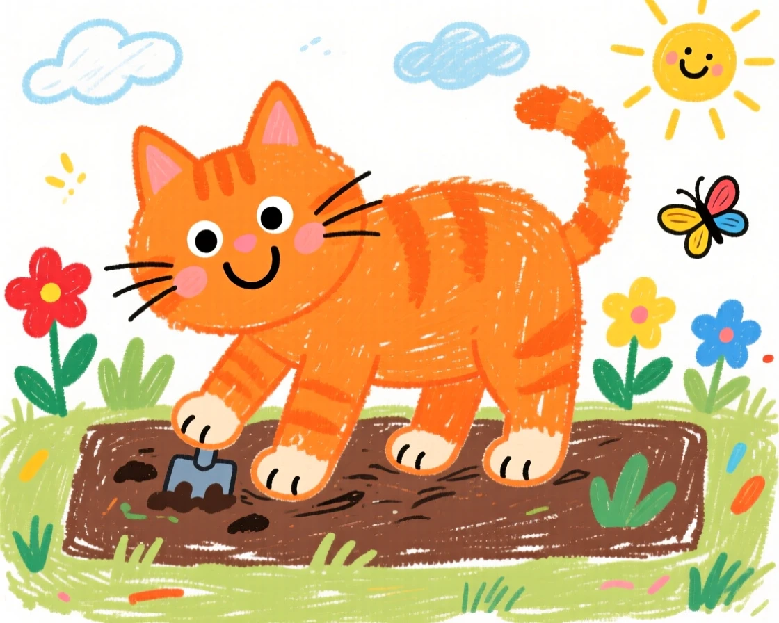 A fluffy orange kitten digging happily in a garden bed.