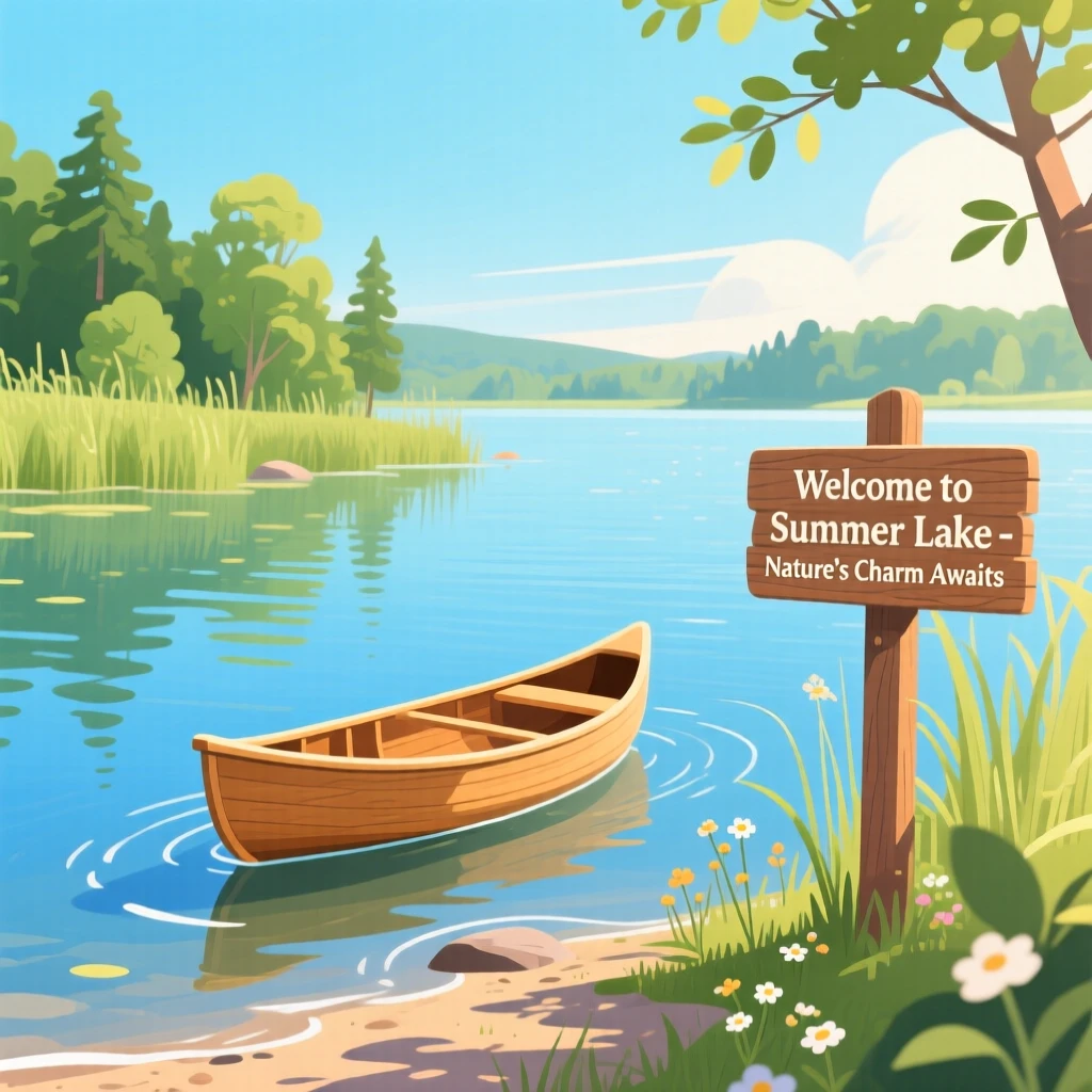 A summer lake scene with a canoe resting on the calm shore, set against a backdrop celebrating the season's charm, composed to capture the unique charm of the season, with a fresh, crisp atmosphere throughout.