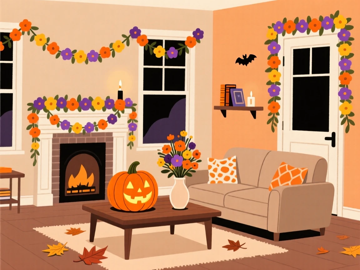 A Halloween celebration with garlands of flowers filling a family home.