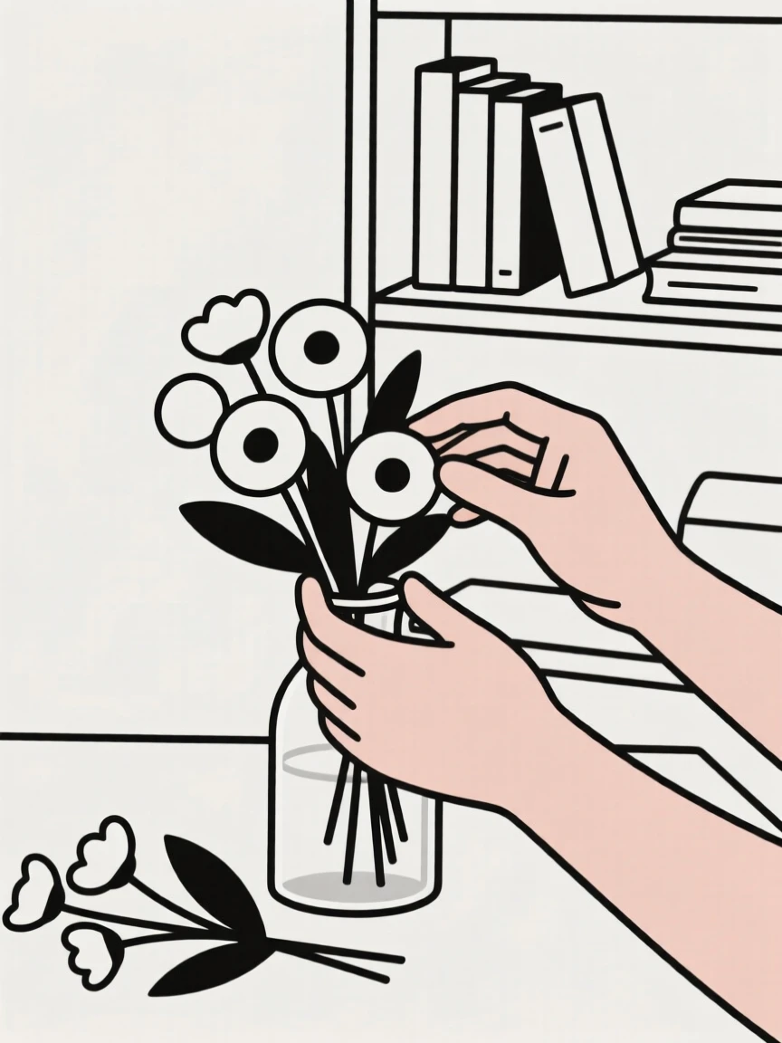 A close view of hands arranging fresh flowers near fresh cut flowers in a small home library, full of quiet satisfaction.