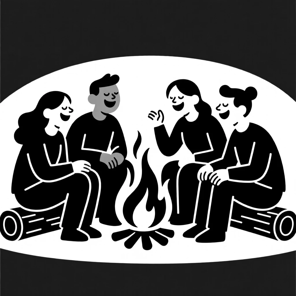 A group of friends laughing around a campfire.