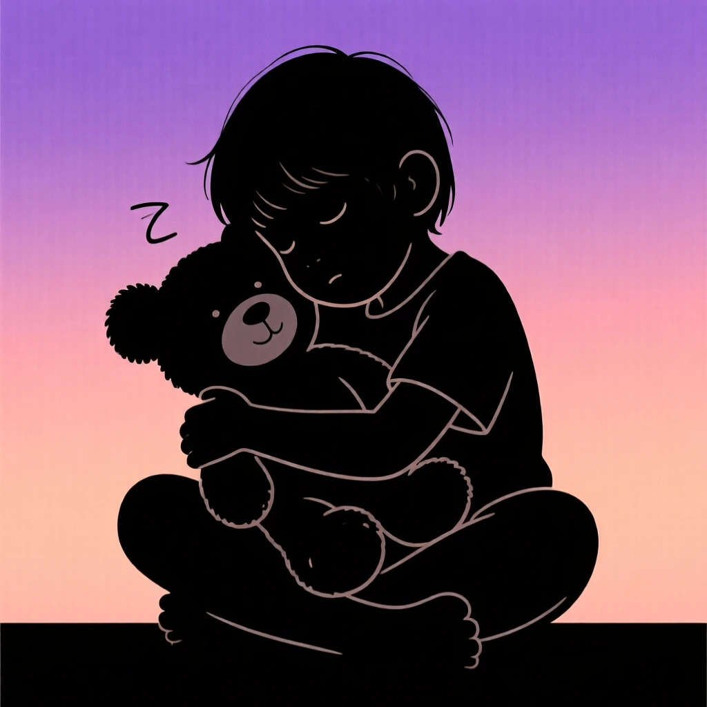 A child hugging a stuffed animal tightly while falling asleep.