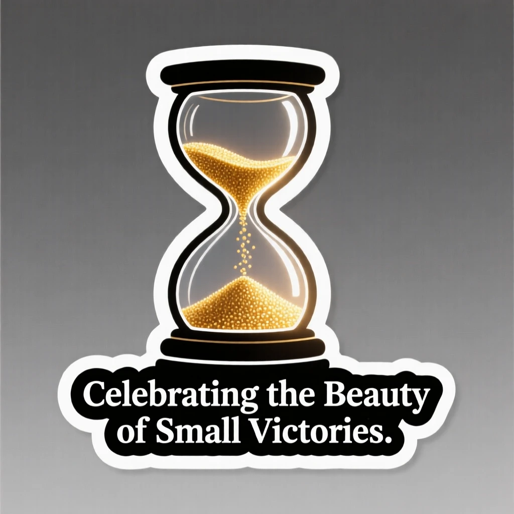 A deeply peaceful scene of a hourglass with golden sand catching the light, glowing softly against a dark background, celebrating the beauty of small victories.