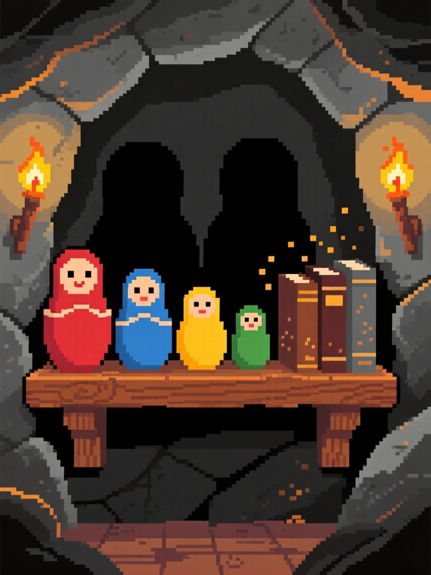 A set of nesting dolls each with a different face sitting on a shelf beside dusty books, within a cave lit by torchlight.
