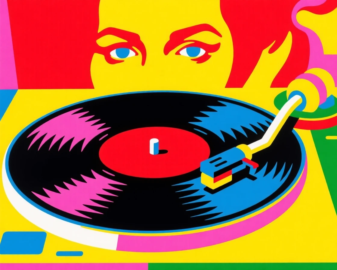 Retro record player needle on a spinning disc