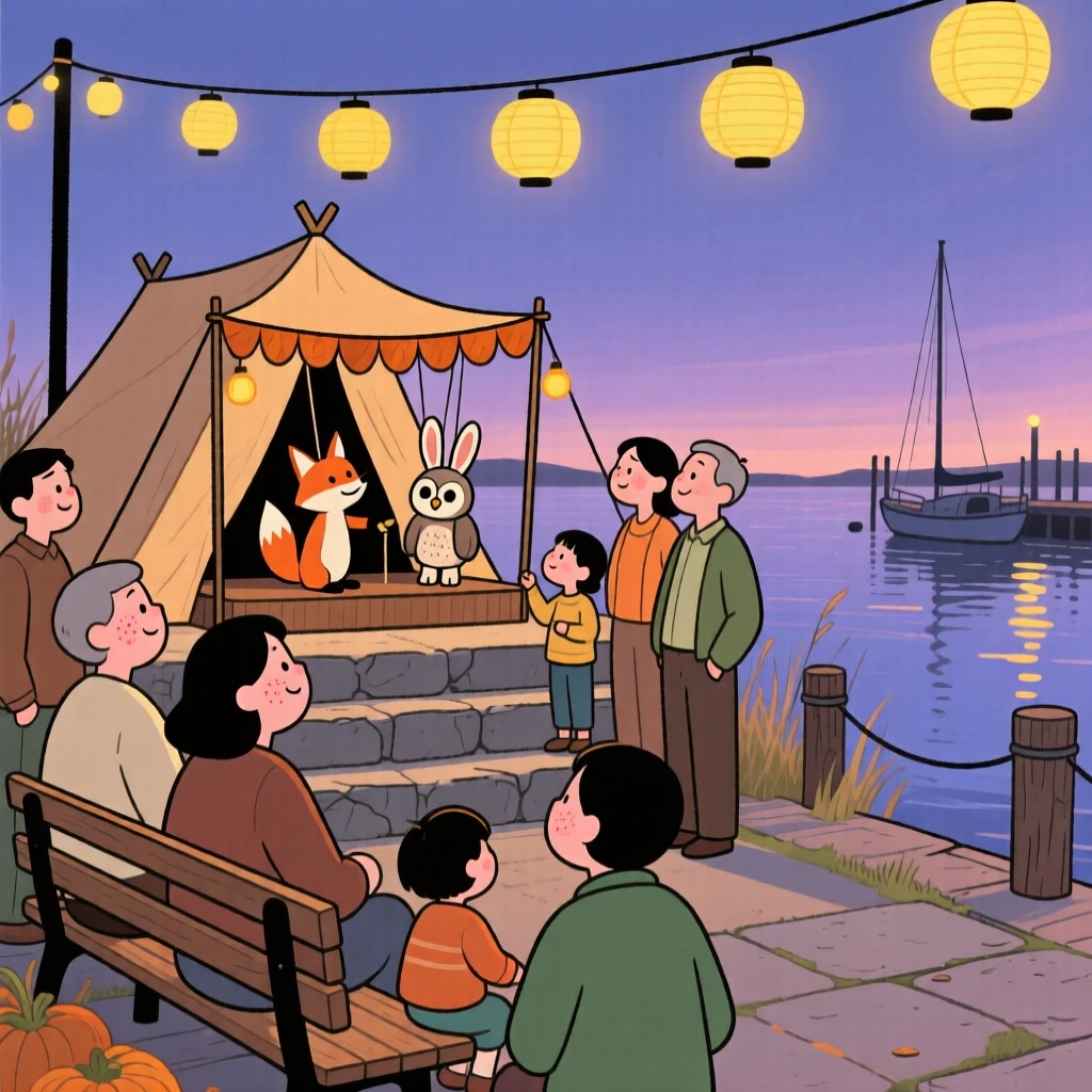 A community gathers in the harbor promenade for a harvest celebration, watching a puppet show beneath strings of glowing lanterns as evening falls.