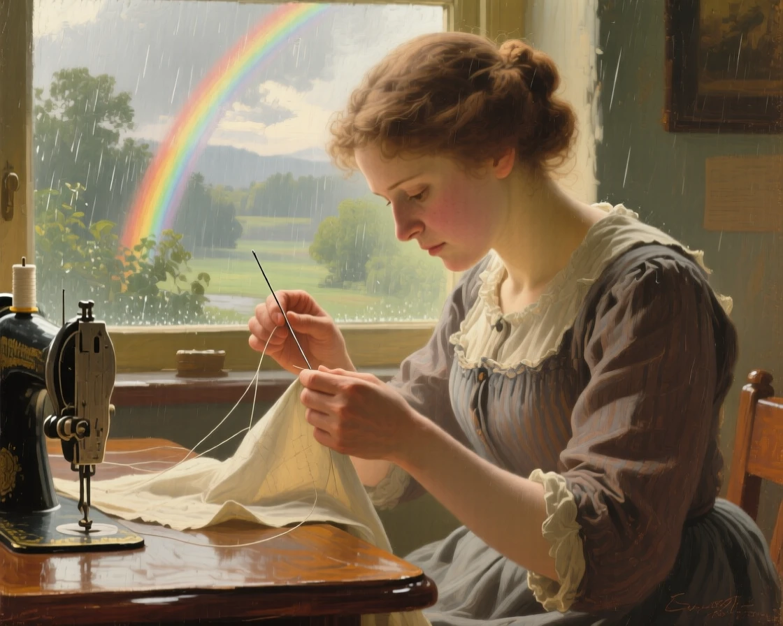 A detailed close shot of a seamstress threading a needle by a sunlit window, under a rainbow after a storm, at midday.