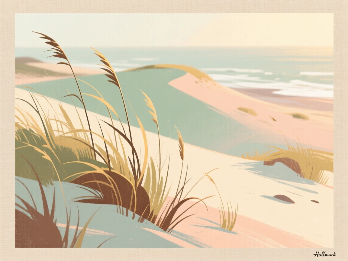 A coastal dune landscape with wild grasses bending in the wind