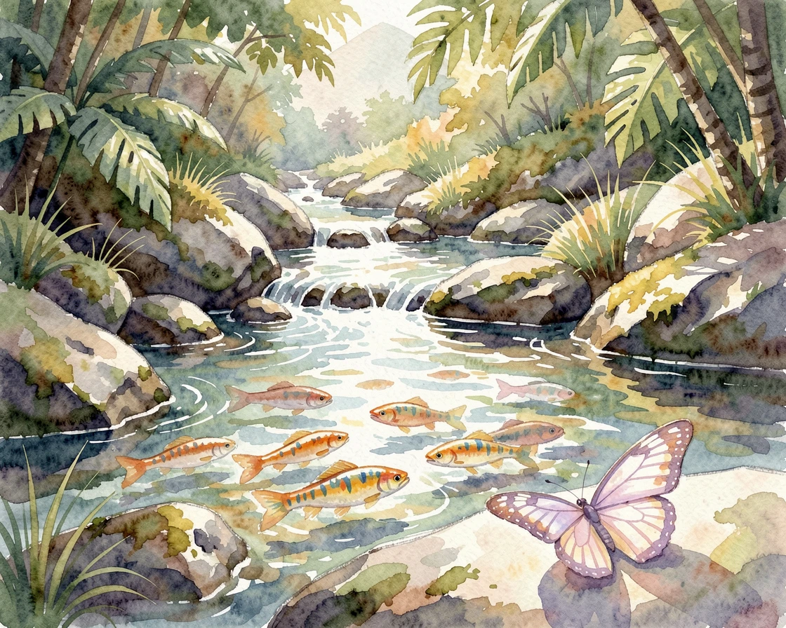 A school of tropical fish near a mountain stream with a butterfly resting nearby.