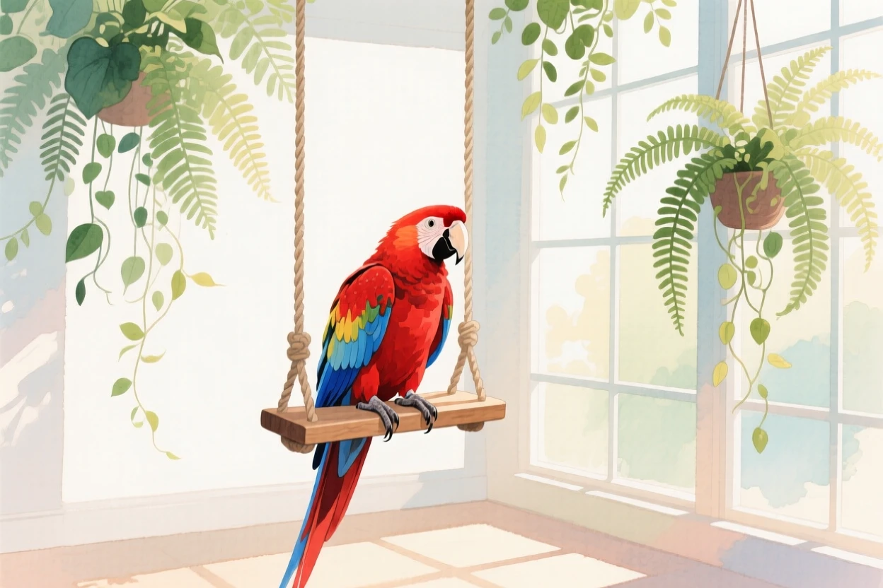 A parrot with vivid red and blue feathers perches on a swing inside a sunroom filled with hanging ferns