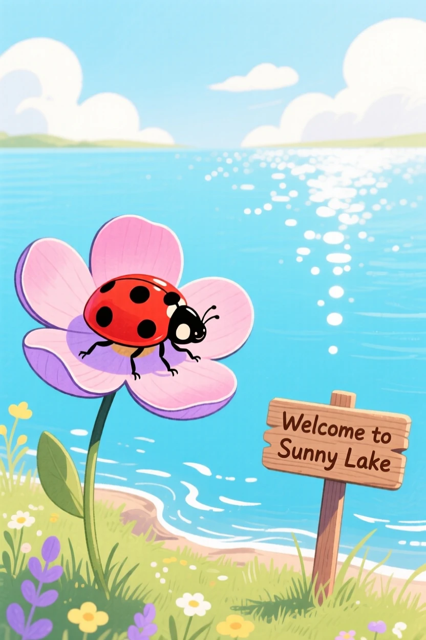 A ladybug resting on a petal playing joyfully in the edge of a sparkling lake on a warm summer day.