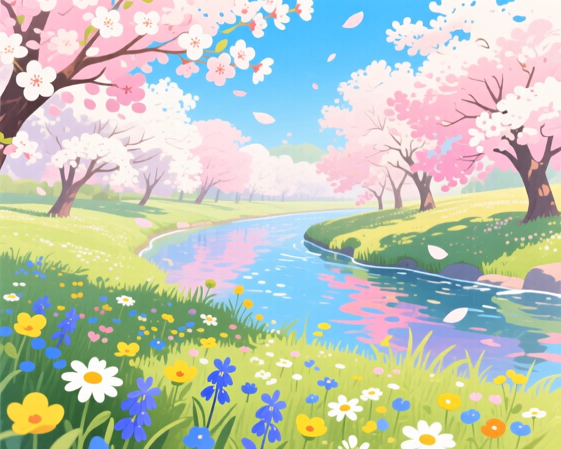 A cherry blossom grove in full bloom along a river, with wildflowers scattered across the foreground, radiating natural splendor and tranquility.