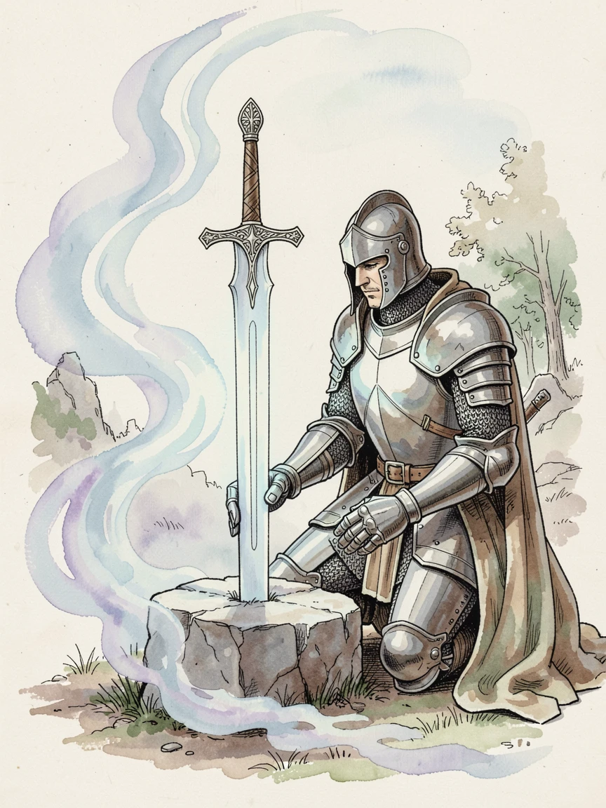 A knight kneeling before a glowing sword embedded in stone, swirling light and mist adding a dreamlike quality.