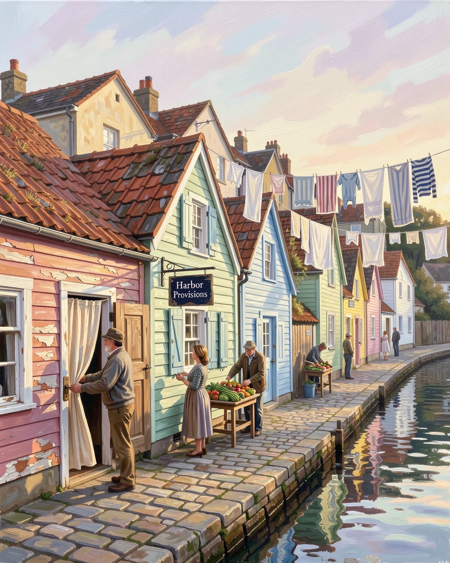A row of colorful fishing cottages along a harbor, laundry strung between buildings overhead, with narrow cobbled streets winding uphill, in early morning, shopkeepers just opening their doors.