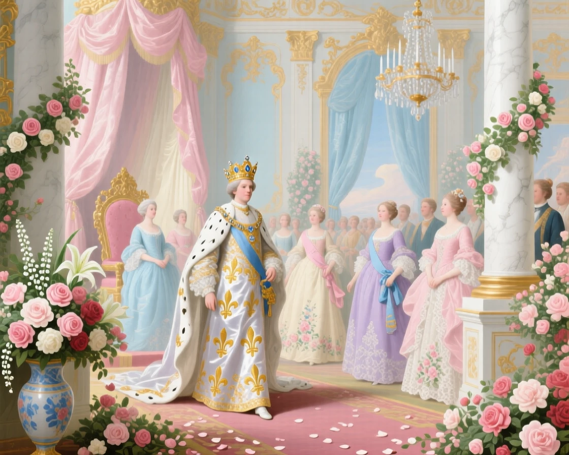 A coronation procession entering a flower-filled throne room  
