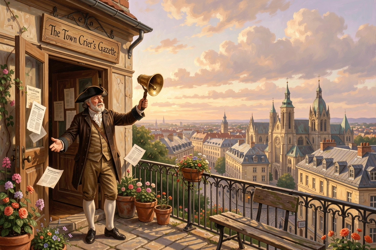 A town crier opens his shop in a rooftop terrace above the city under a warm afternoon sun.
