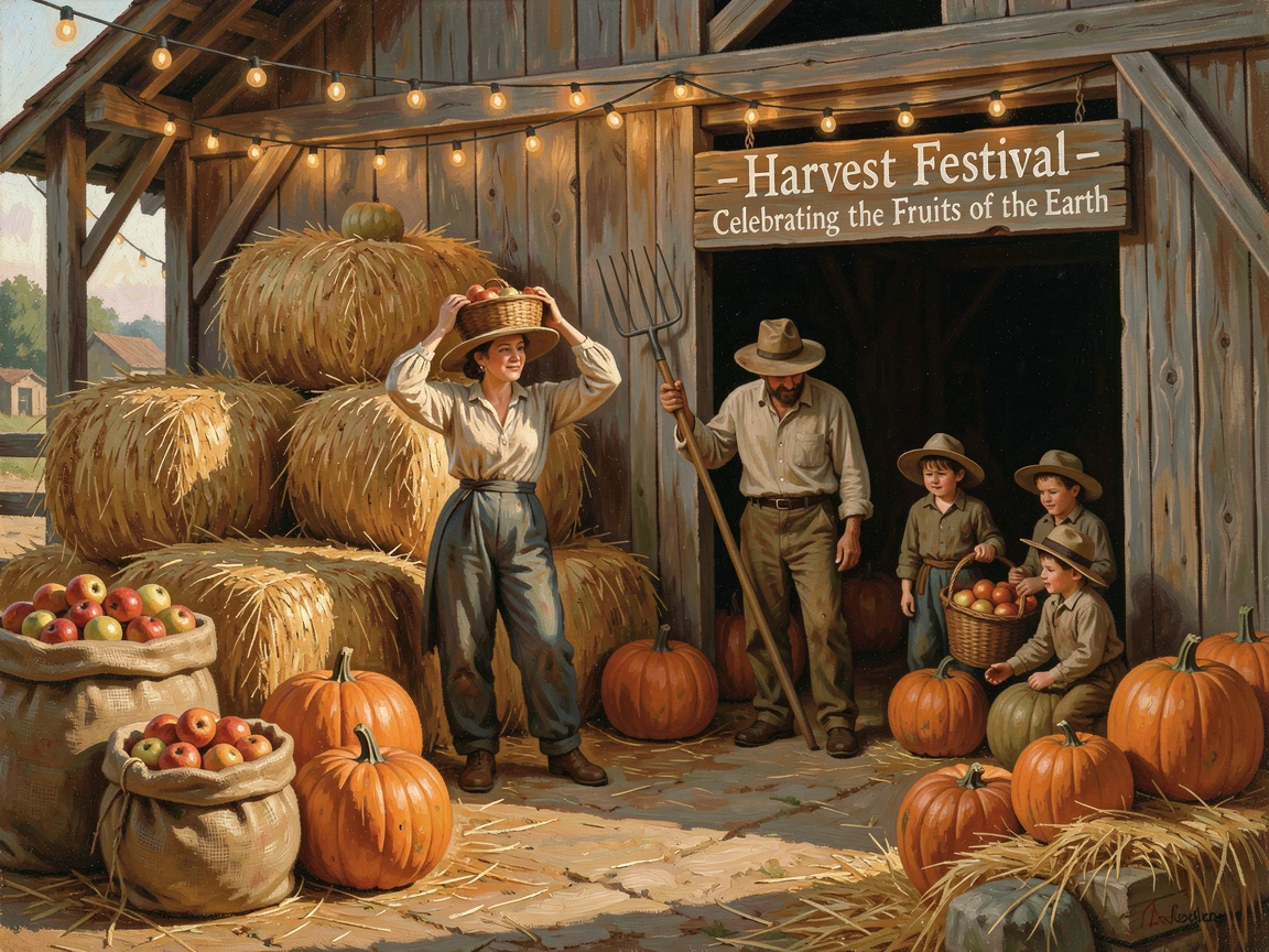 A harvest festival with hay bales, pumpkins, and glowing string lights, with cozy, festive details adding charm to the setting, offering a joyful, memorable seasonal scene for any collection