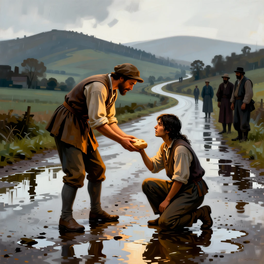 A traveler sharing his last bread with a hungry stranger just as relief washes over every face, set on a rain-soaked road leading toward distant hills, with distant figures watching quietly from a respectful distance; the composition uses negative space to emphasize the distance just closed, overflowing with tenderness, relief, and quiet triumph.