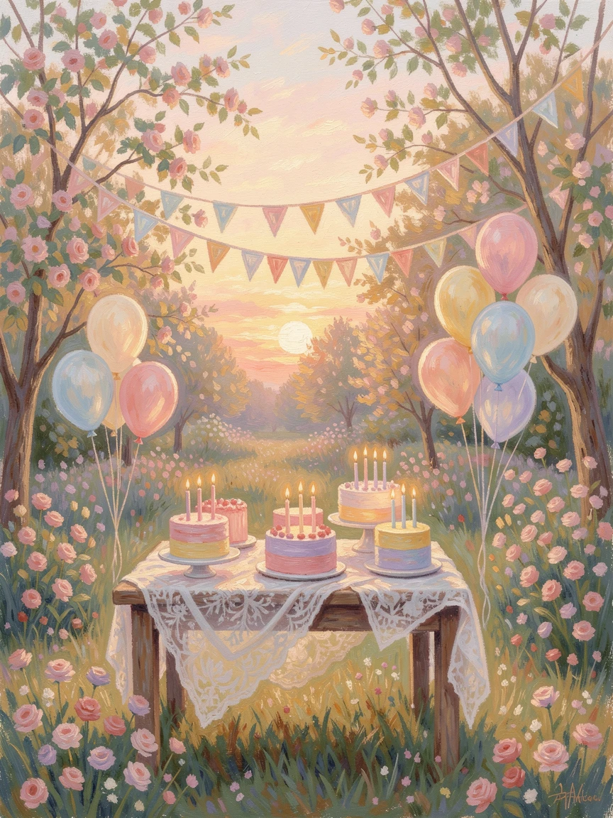 A birthday celebration in a garden filled with balloons, bunting, and a table of colorful cakes, under a glowing sunset sky.