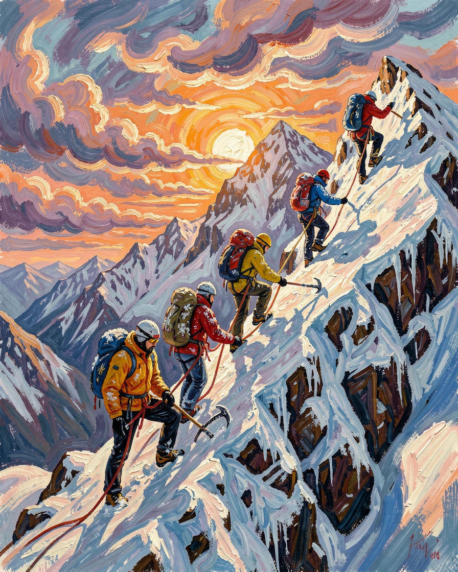 Climbers ascending the final ridge of a snow-capped Andean peak at sunrise.