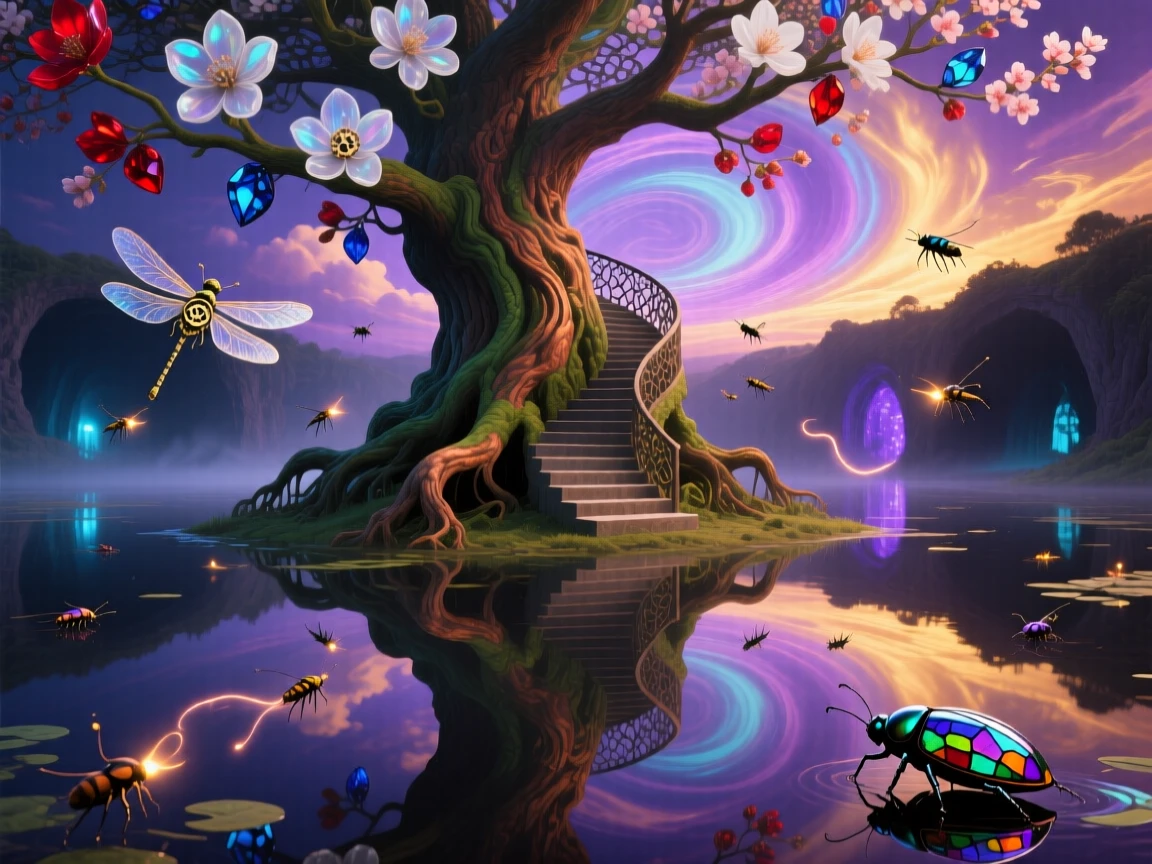 A tree whose roots form a staircase leading underground grows quietly at the edge of a still, quiet pond, as tiny insects drift lazily around its blossoms.