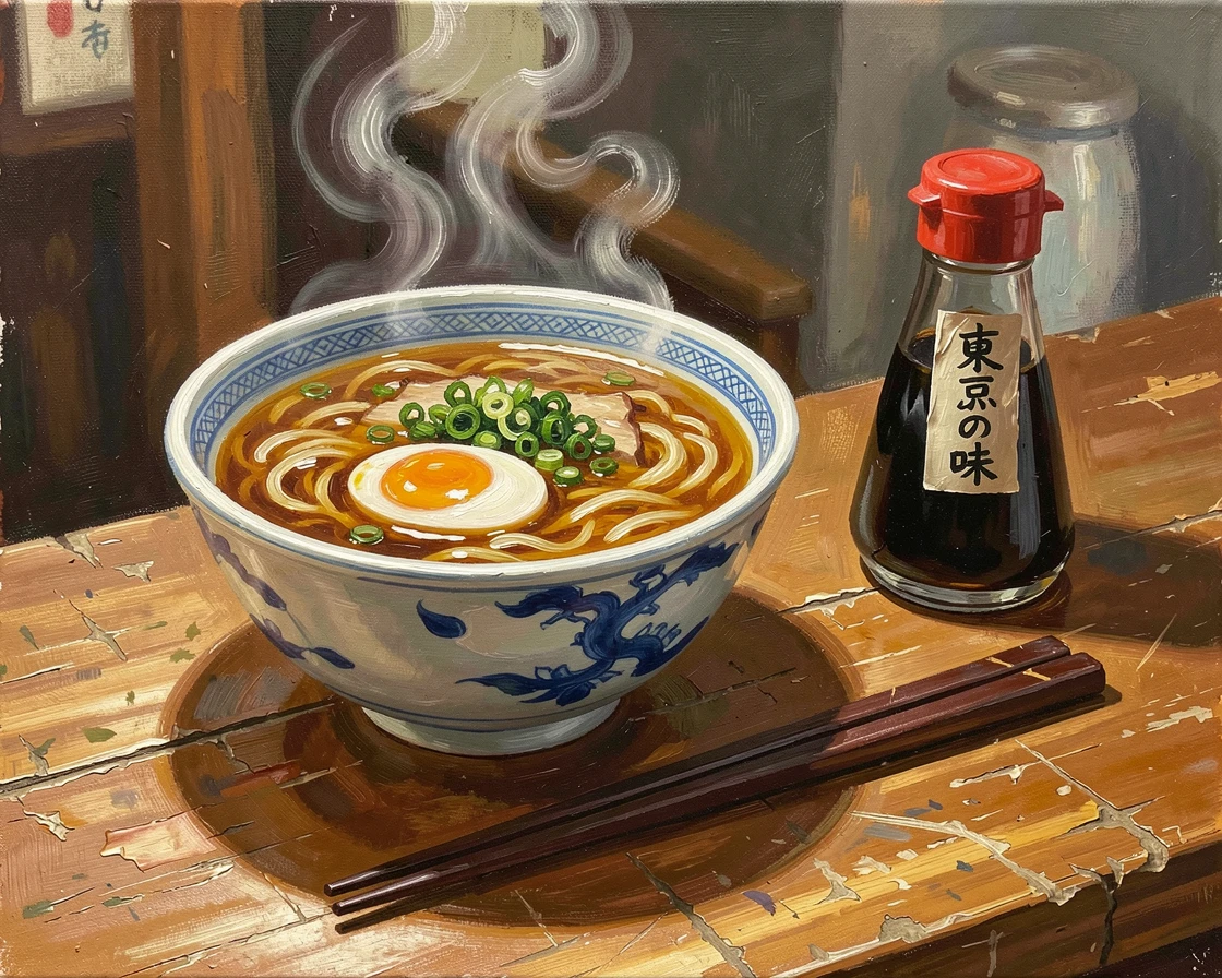 A steaming bowl of ramen sits beside chopsticks on a small Tokyo counter, rich broth glistening with soft-boiled egg and fresh scallions, the surrounding table setting adding context and warmth to the overall presentation.