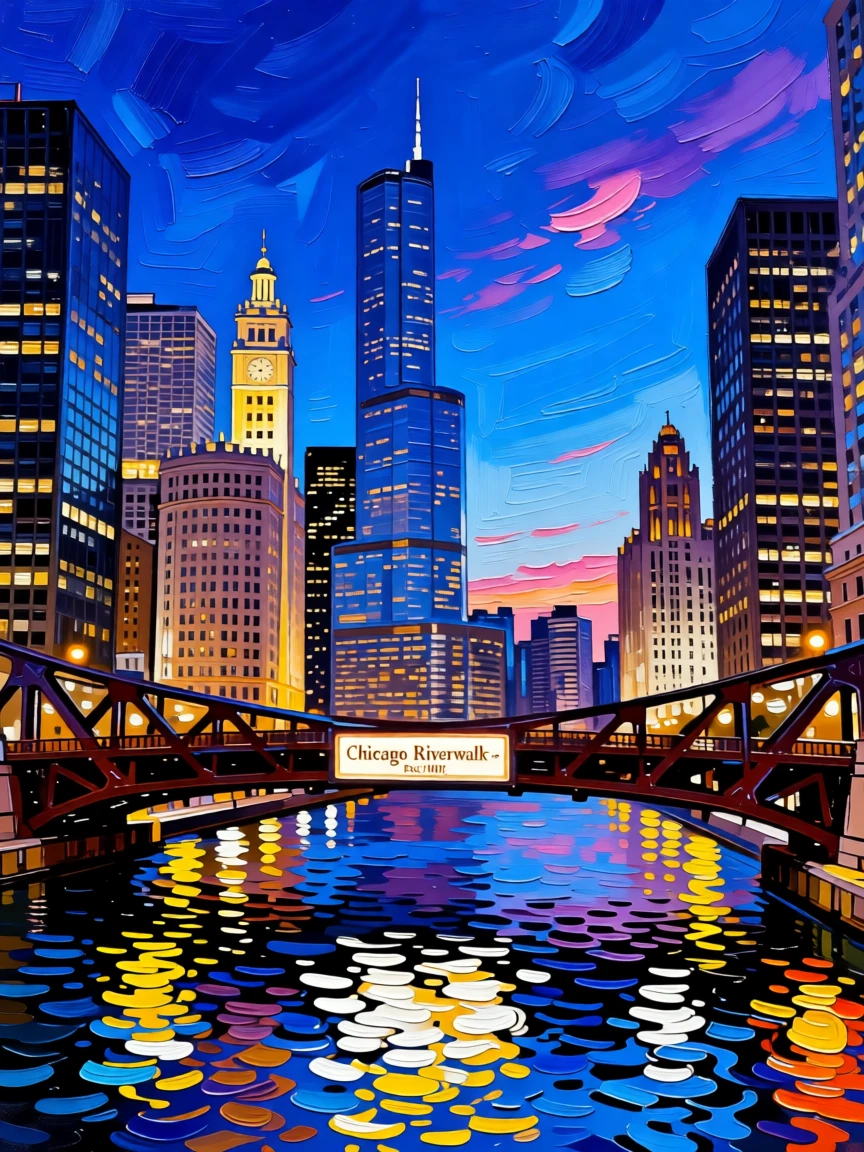 A dramatic skyline view of Chicago along the river at blue hour