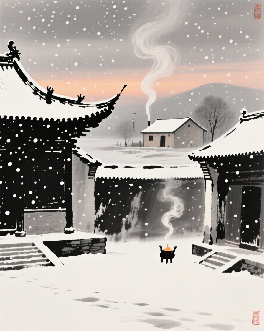 Snow falls silently over a quiet temple courtyard at dusk, as smoke curls upward from a distant farmhouse.
