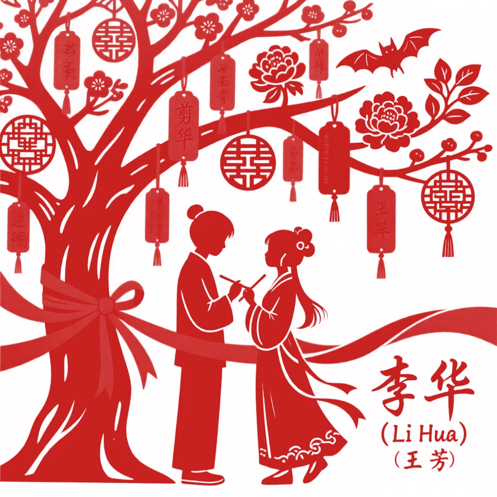 Two young lovers writing their names on a red ribbon tied to a wishing tree heavy with similar tokens