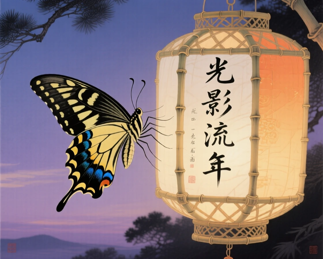 A swallowtail butterfly near a paper lantern at twilight