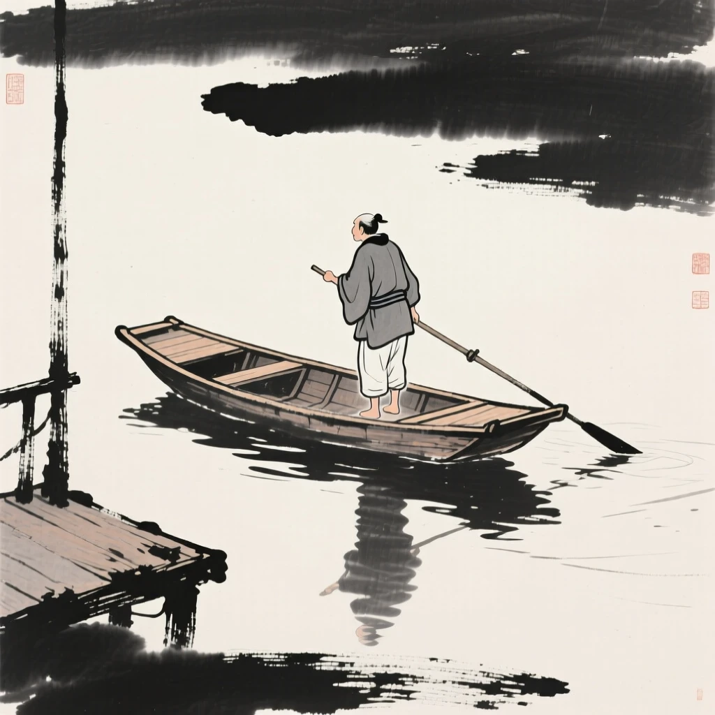 A lone traveler with a walking staff poling a small boat across still water on the deck of a small wooden boat, captured mid-gesture in a candid, natural moment, carrying a tender sense of familial warmth.