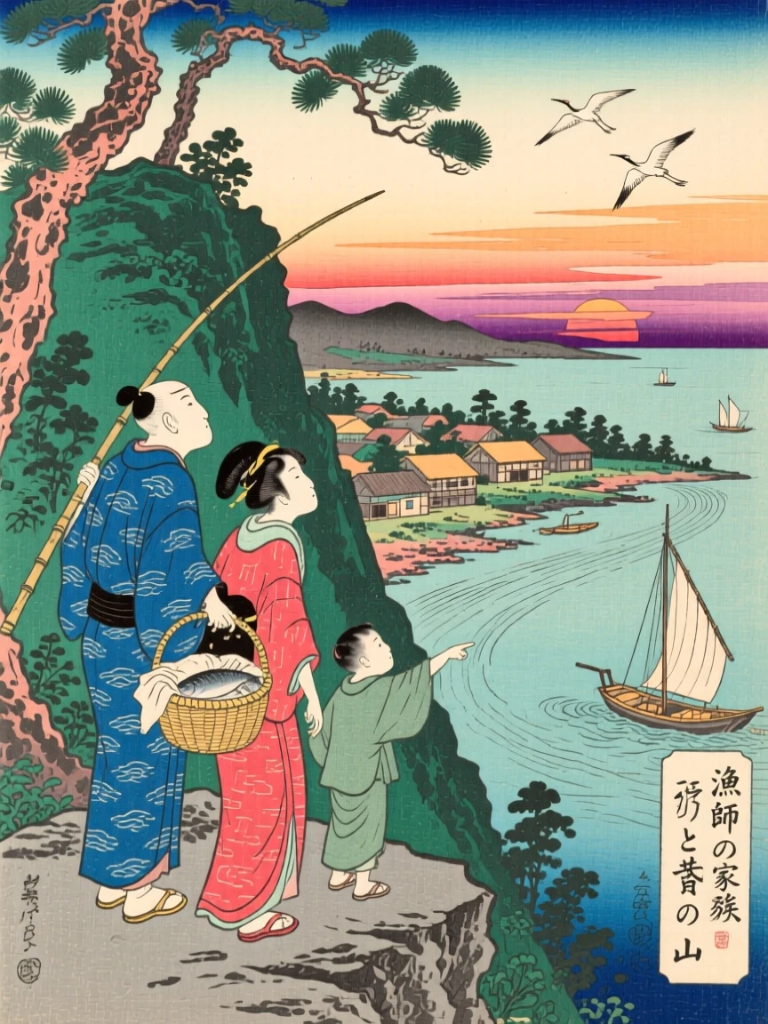 A fisherman's family pausing to admire a sunset from a mountain overlook.