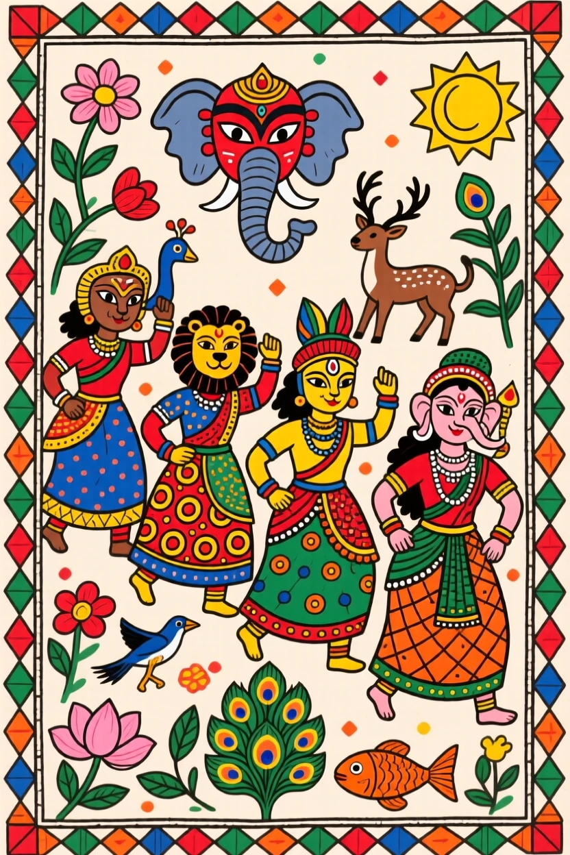 A festival procession of dancers wearing masks of animals and gods.