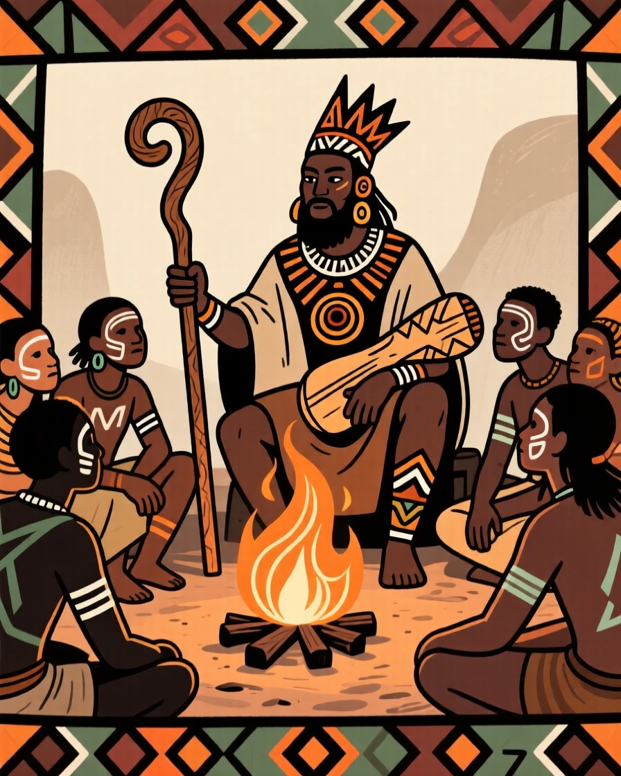 A traveling storyteller gathered around a central fire.