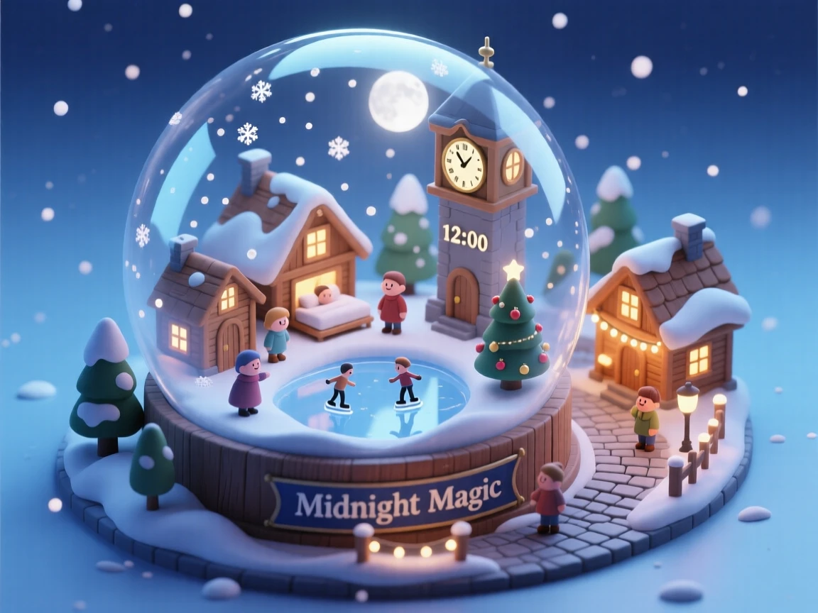 A snow globe world coming alive at midnight, tiny villagers waking to a gentle magical snowfall.