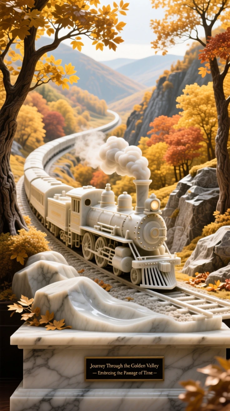 A vivid, emotionally rich scene of a train winding through a golden autumn valley, surrounded by soft, glowing light, designed to captivate and inspire