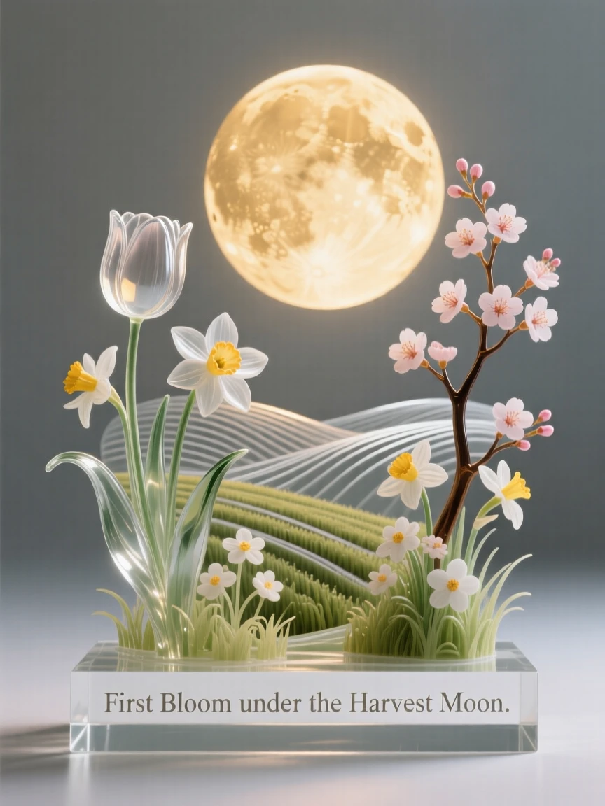 A garden bursting into bloom on the first day of spring beneath a harvest moon rising over the fields, while the scent of fresh baking fills the air