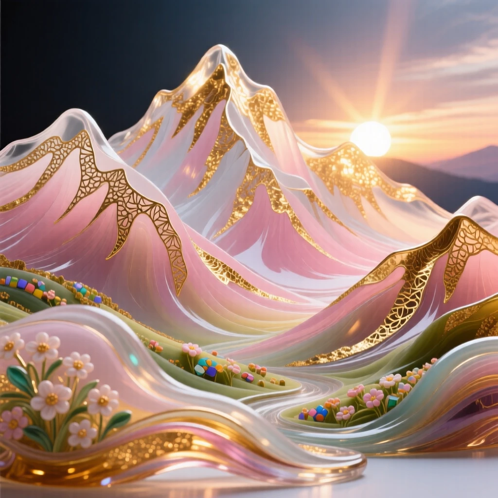 A grand mountain range glowing pink and gold at first light, majestic and vast.