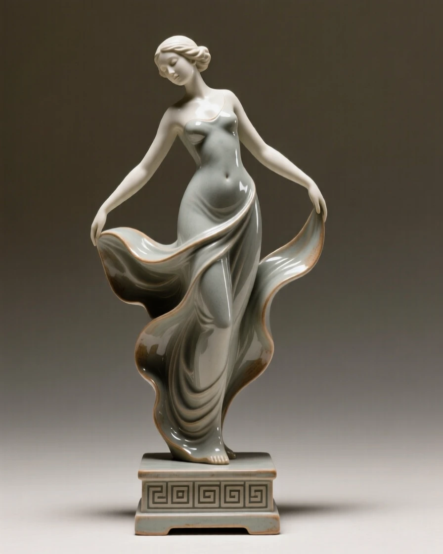 A graceful abstract figure in a flowing pose posed elegantly atop a decorative pedestal, framed by soft ambient lighting, radiating sophistication and timeless taste.
