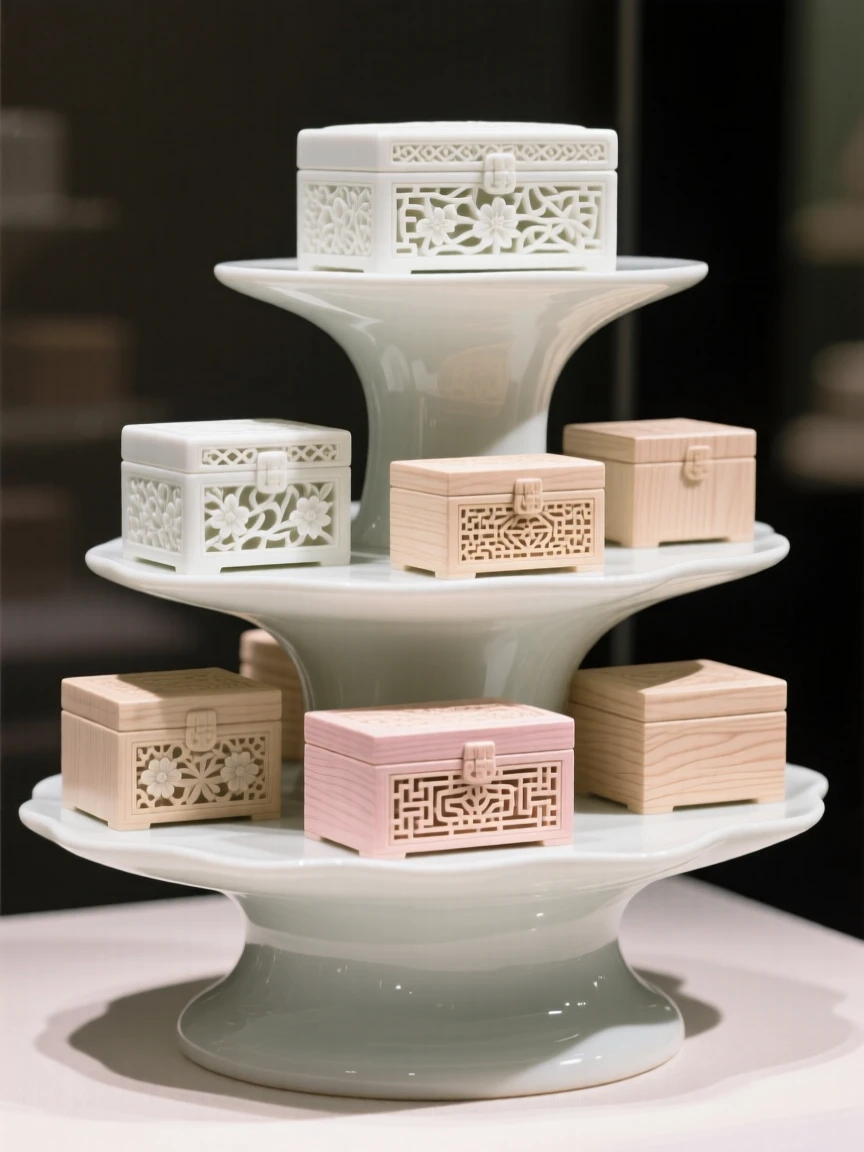 A collection of carved wooden boxes arranged on tiered display stands, softly lit to highlight fine detail.
