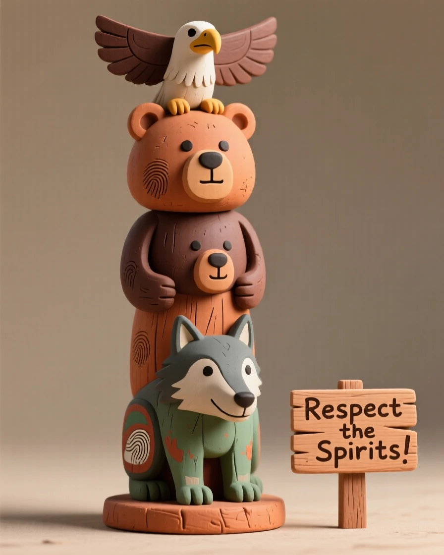 A traditional Native American totem pole carved with animal figures