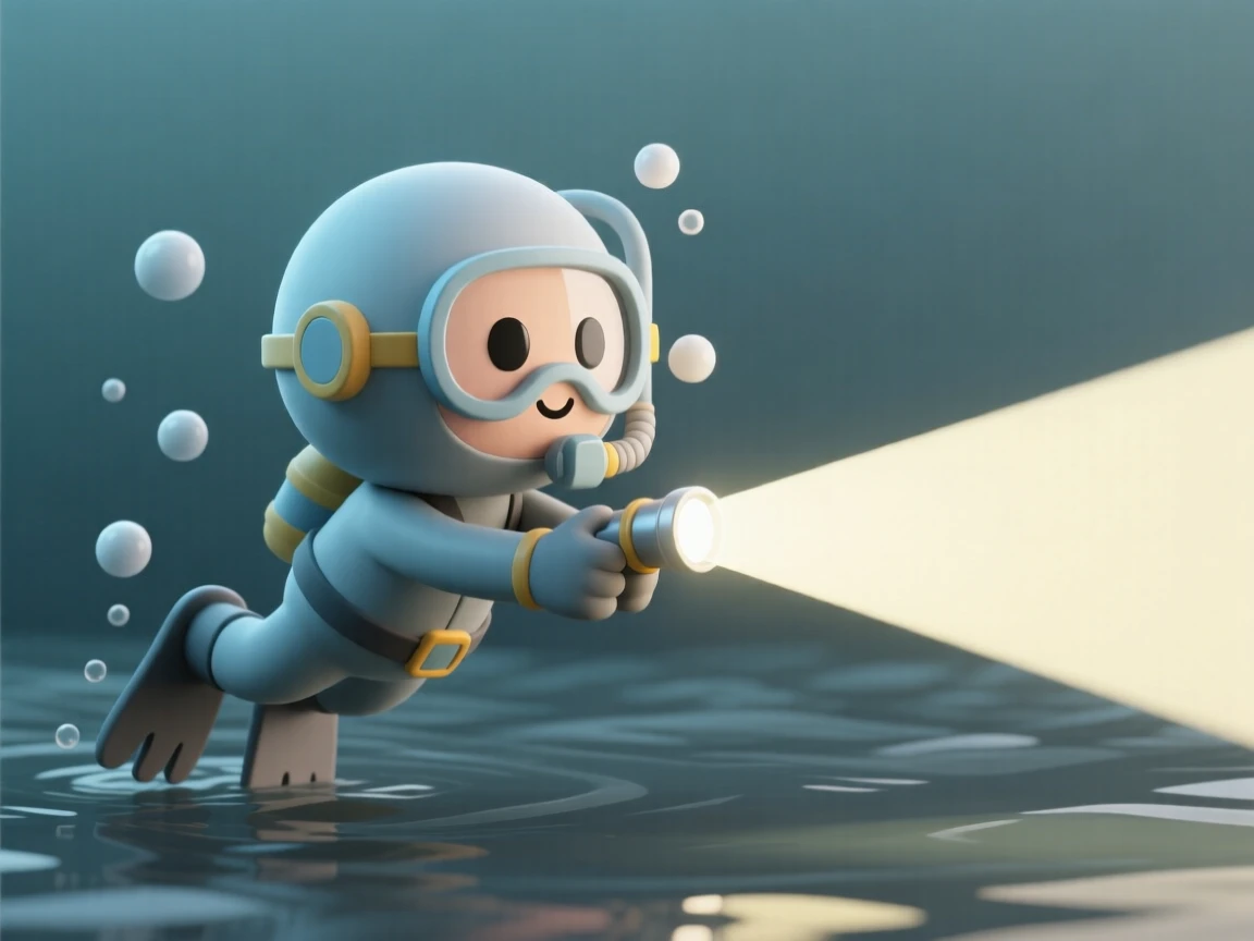 A determined search and rescue diver swims through murky water, flashlight beam cutting through the darkness.