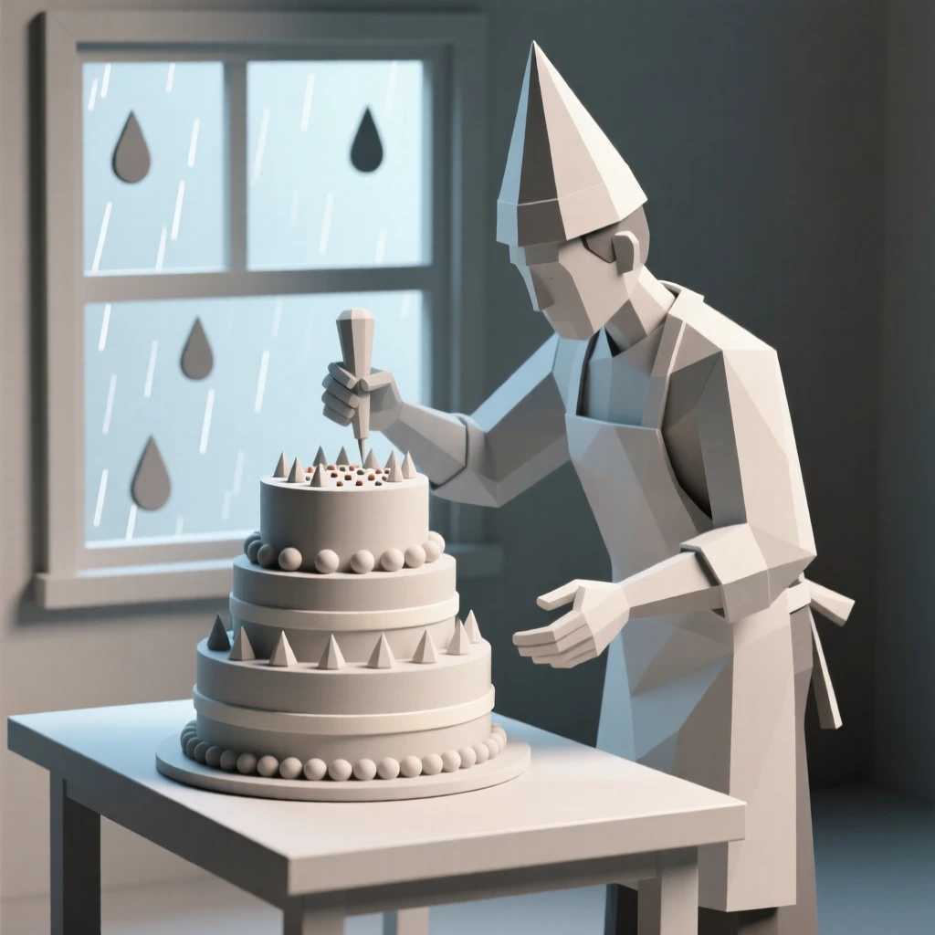 A baker decorating a beautifully layered cake, on a quiet rainy afternoon. natural light enhances the vibrant colors of the scene. The scene feels energetic and inspiring.