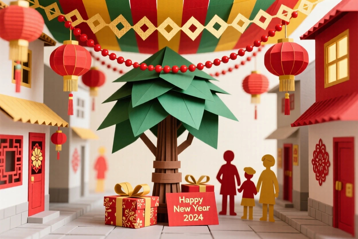 A vibrant Lunar New Year street celebration set beneath a canopy of colorful decorations, with gifts wrapped neatly beneath a tree, conveying togetherness and celebration.