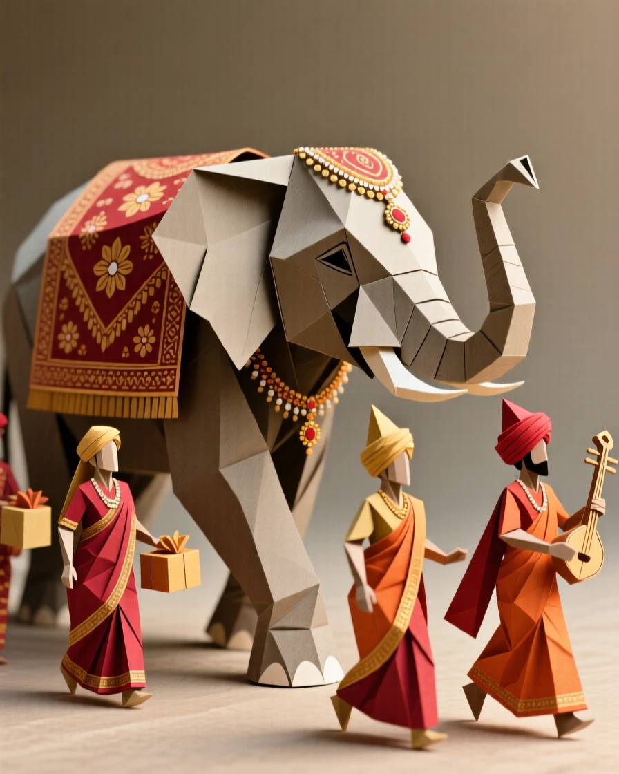 An Indian wedding celebration scene with a decorated elephant leading a joyful procession.