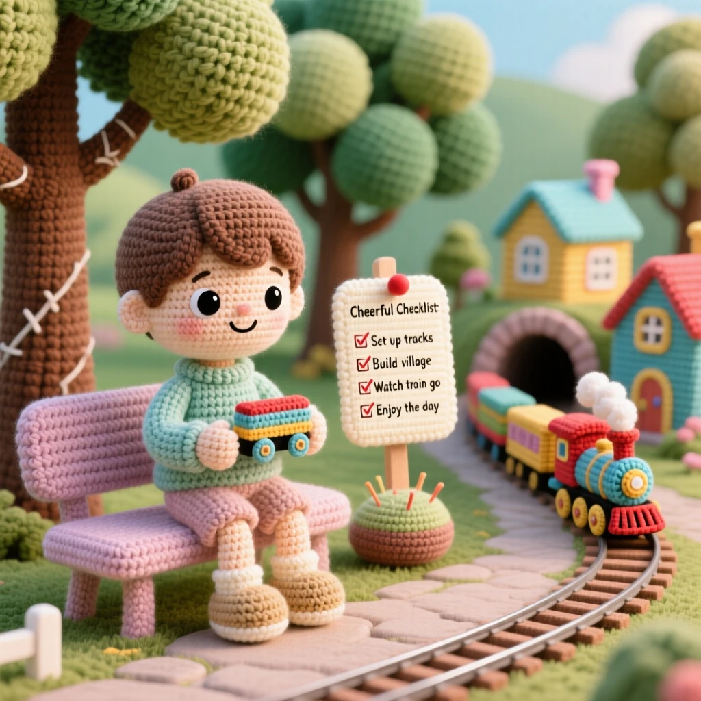 A cheerful scene of a small boy building a model train set with tiny tracks and tunnels, watching the train wind through a tiny village within a quiet park path lined with trees; a cheerful checklist pinned to a board nearby, full of the simple happiness of a favorite pastime.