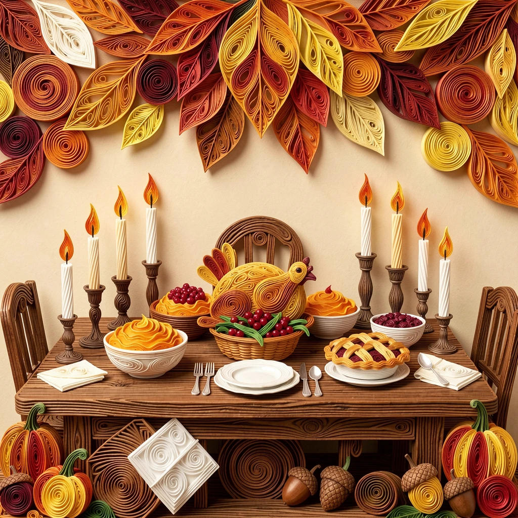 A festive holiday scene of a table set for a festive Thanksgiving feast beneath a canopy of falling autumn leaves, with soft candlelight flickering throughout the scene, composed with rich layered foreground details.