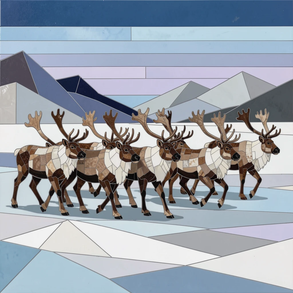 A majestic herd of wild reindeer crossing a snowy Arctic tundra.